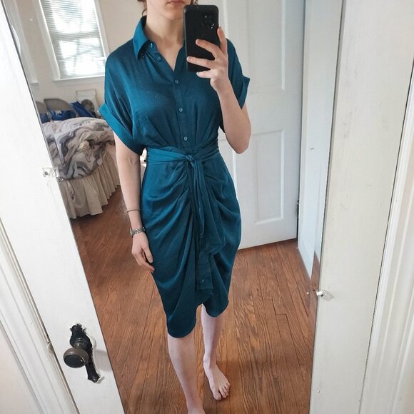 Steve Madden Turquoise Blue Alicia Ruched Tie Front Dress - Picture 1 of 7